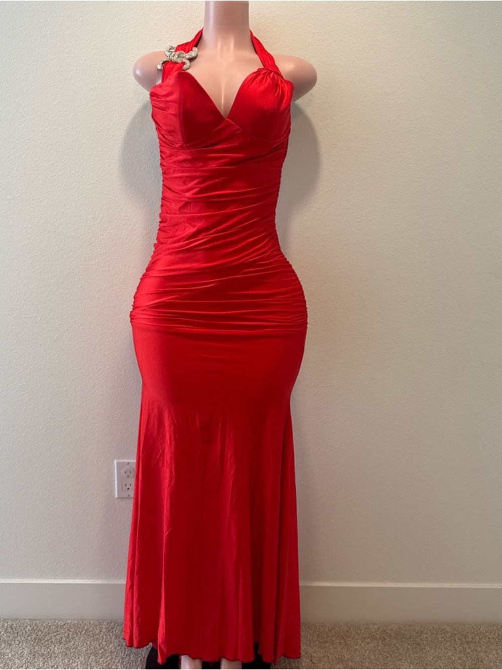 Red Halter Ruched Evening Dress